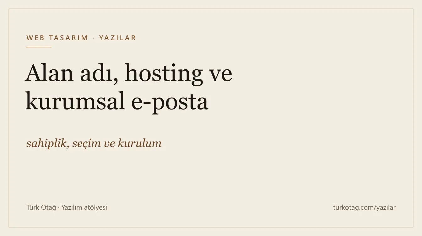 Krem zemin üzerinde koyu serif harflerle yazının başlığı: Alan adı, hosting ve kurumsal e-posta: sahiplik, seçim ve kurulum