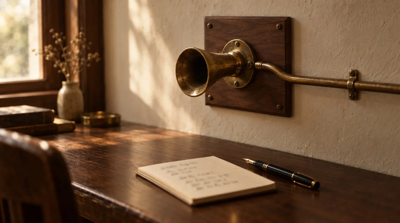 A brass speaking tube mounted on a wooden panel, with a notebook and pen beneath it