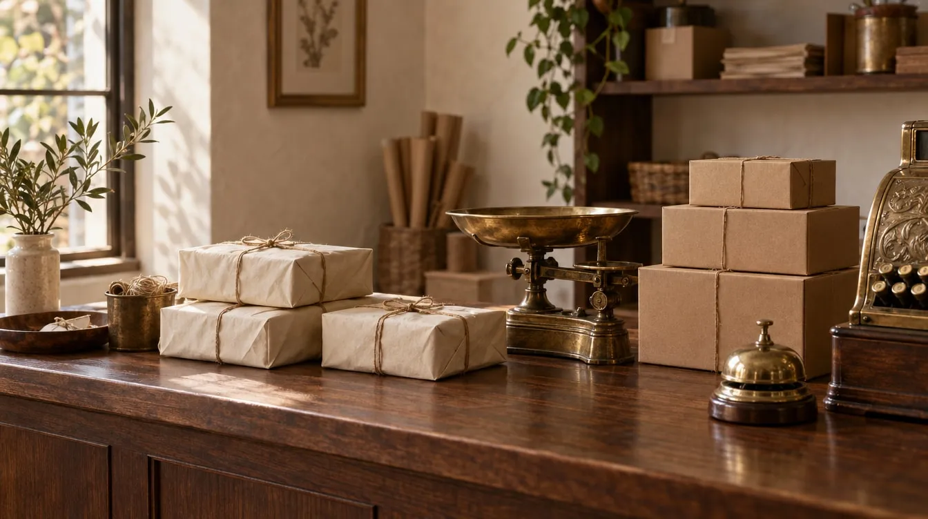 Butik dükkân tezgâhında iple bağlanmış kâğıt paketler, pirinç terazi ve kargo kutuları