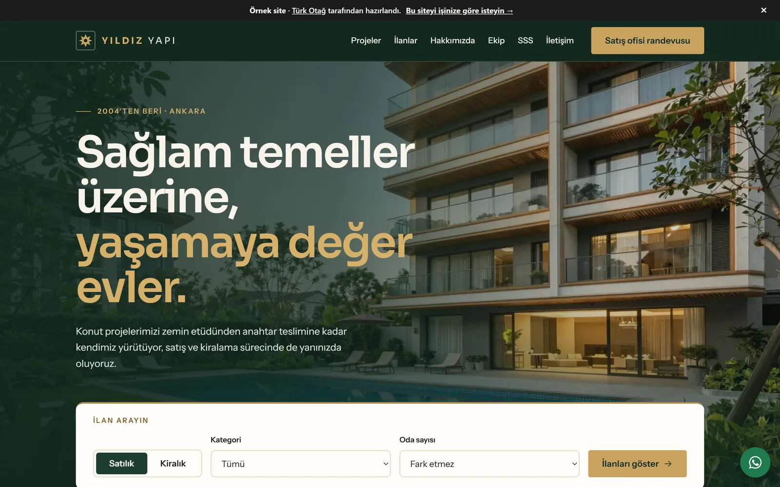 Emlak ve inşaat için hazırladığımız örnek sitenin ana sayfası (emlak.turkotag.com)