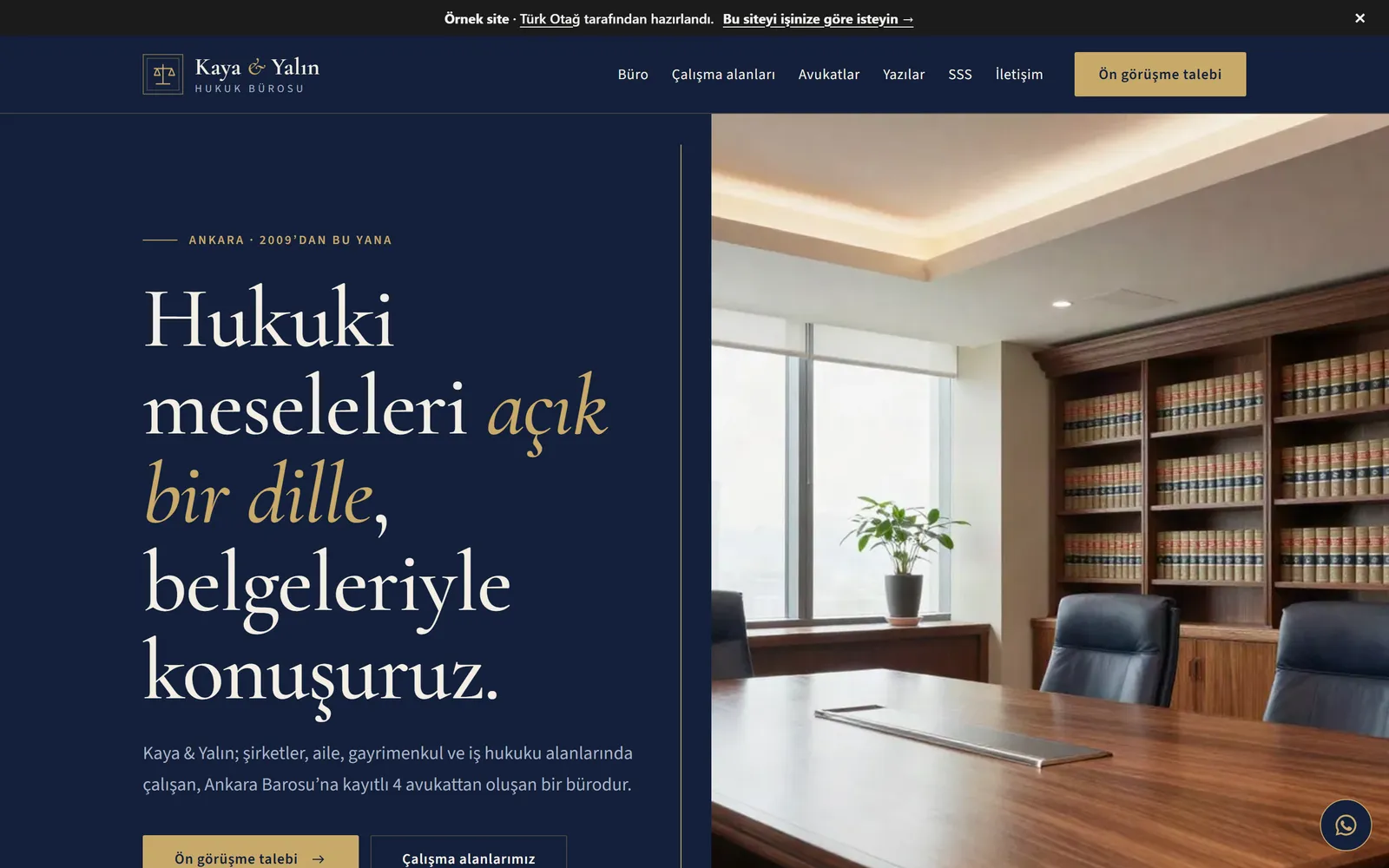 Avukat ve hukuk bürosu için hazırladığımız örnek sitenin ana sayfası (hukuk.turkotag.com)