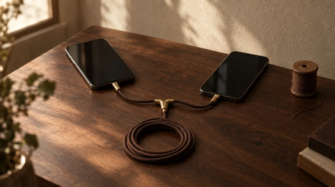 Two phones lying side by side on a table, joined by a single braided cable
