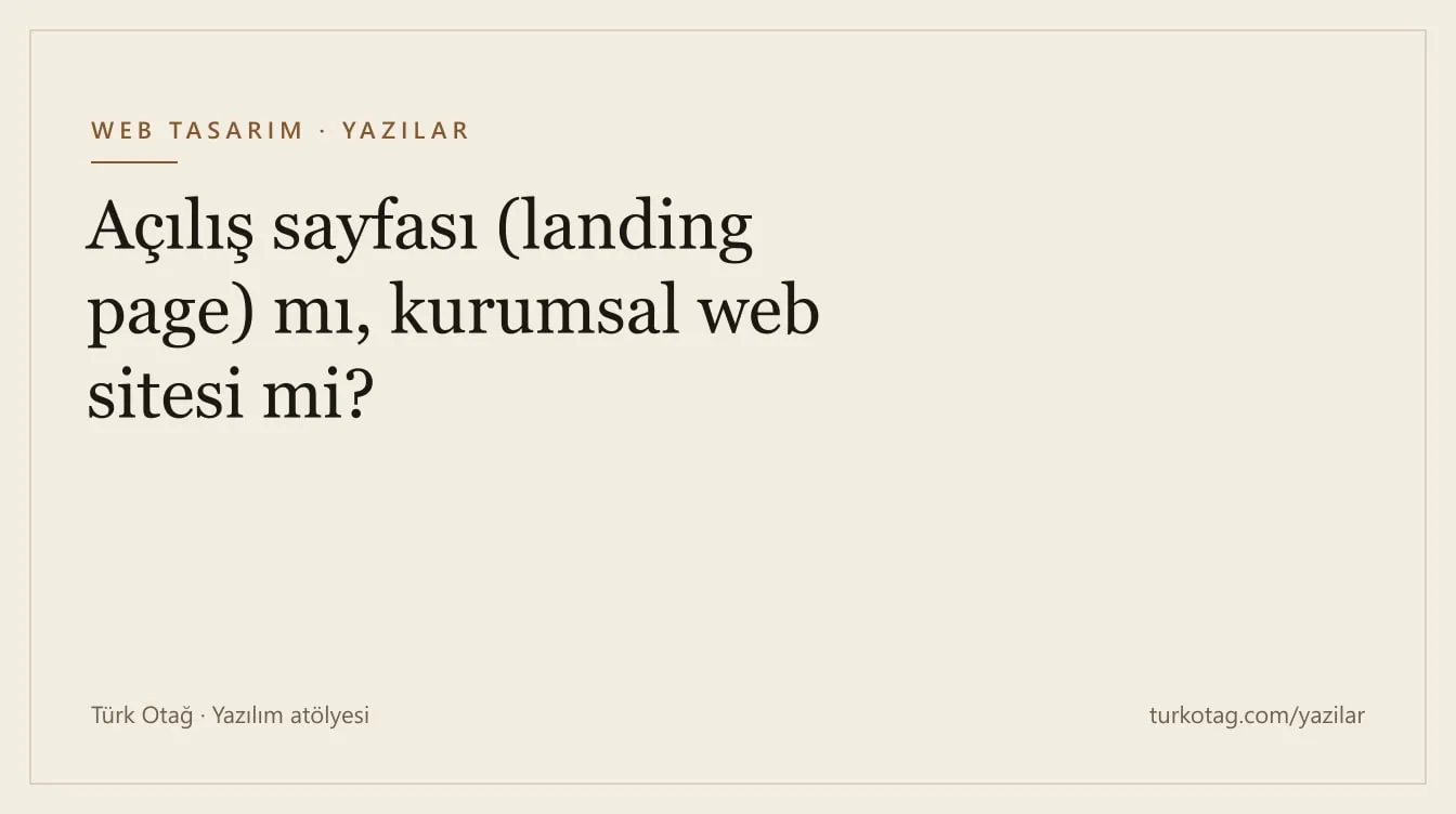 Krem zemin üzerinde koyu serif harflerle yazının başlığı: Açılış sayfası (landing page) mı, kurumsal web sitesi mi?