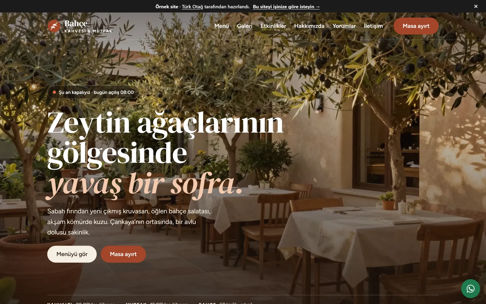 Restoran ve kafe için hazırladığımız örnek sitenin ana sayfası (lezzet.turkotag.com)