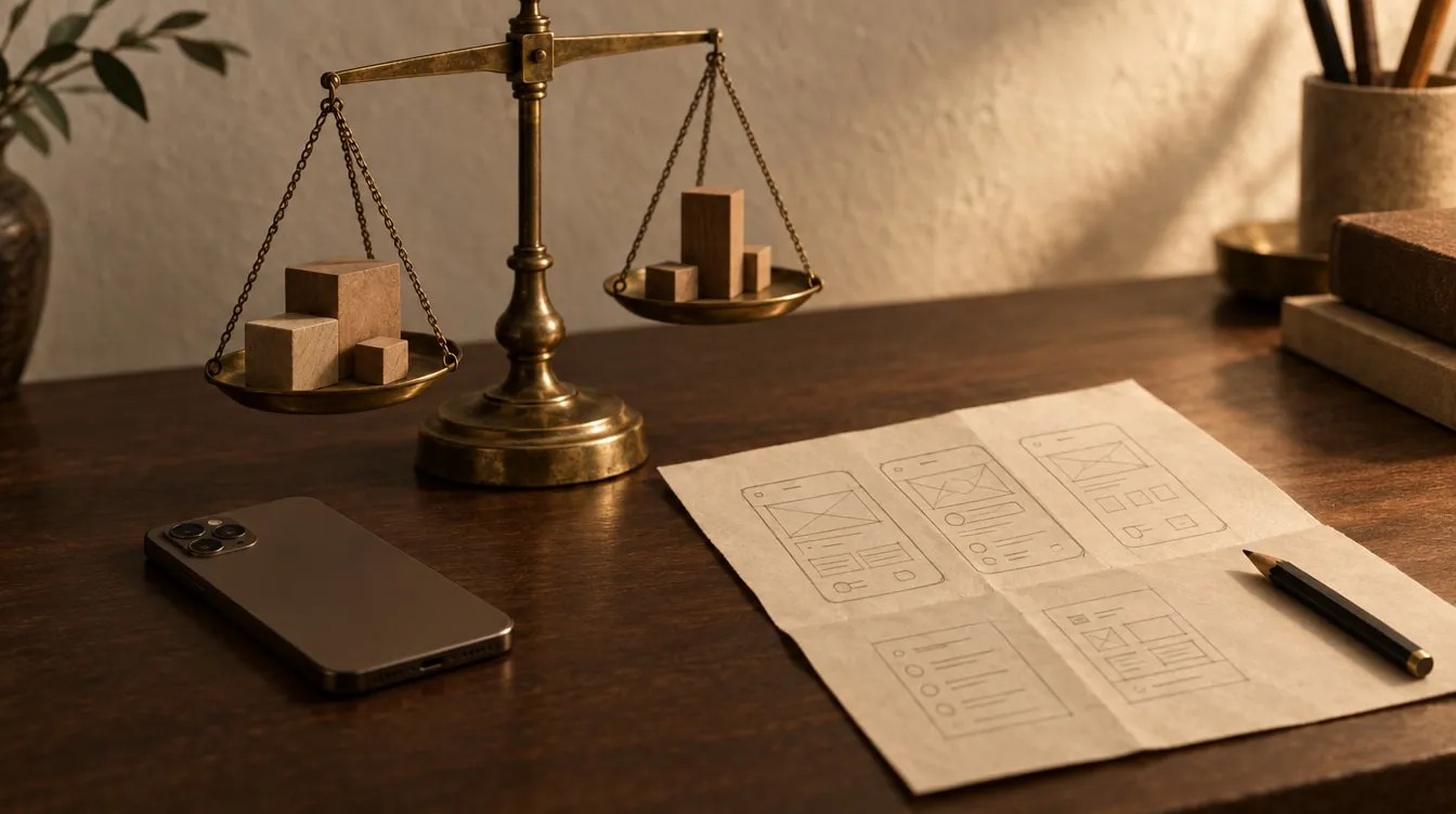 Wooden blocks of different sizes on a brass scale, a phone turned face down and app screens sketched on paper