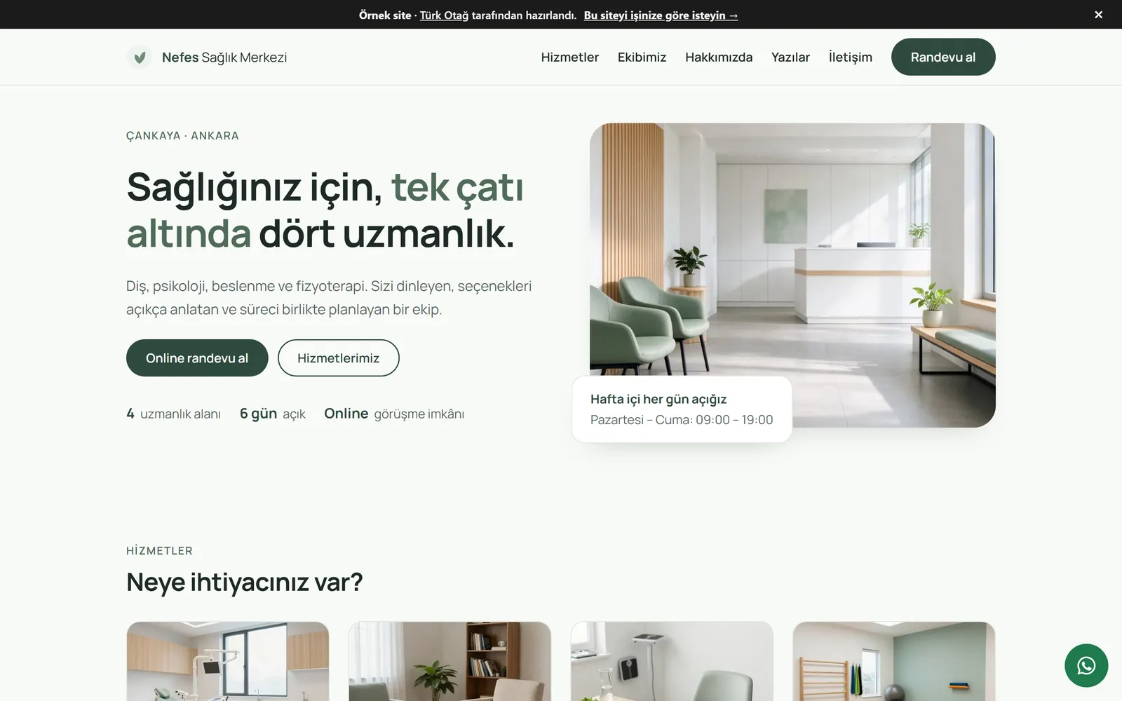 Doktor ve klinik için hazırladığımız örnek sitenin ana sayfası (saglik.turkotag.com)