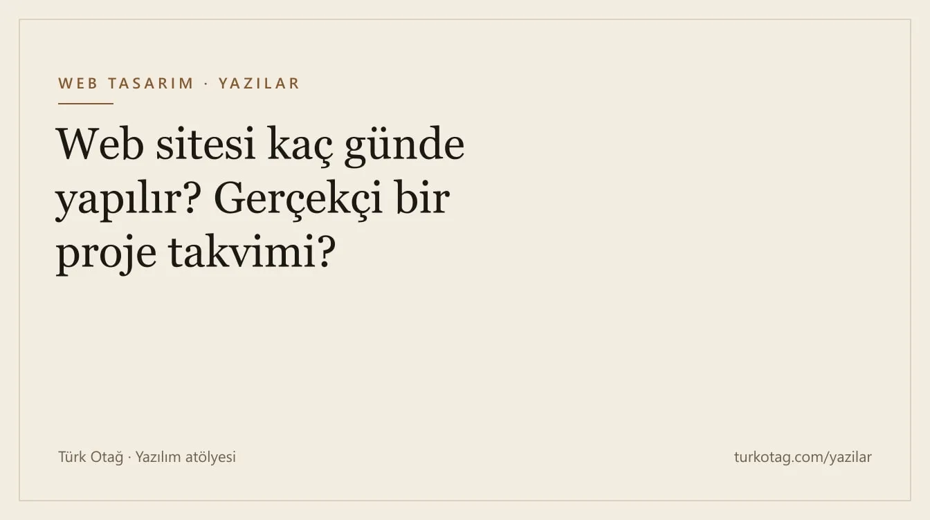 Krem zemin üzerinde koyu serif harflerle yazının başlığı: Web sitesi kaç günde yapılır? Gerçekçi bir proje takvimi