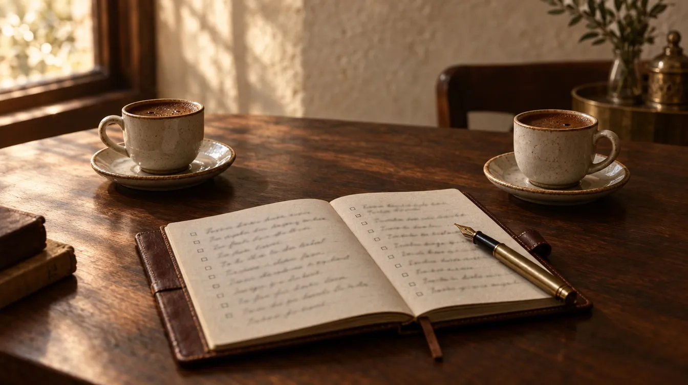 Masada soru listesi yazılı açık defter, dolma kalem ve karşılıklı iki fincan Türk kahvesi
